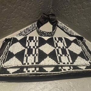 Vintage Black and White Geometric Beaded Hand Bag with Beaded Strap 6"x12"